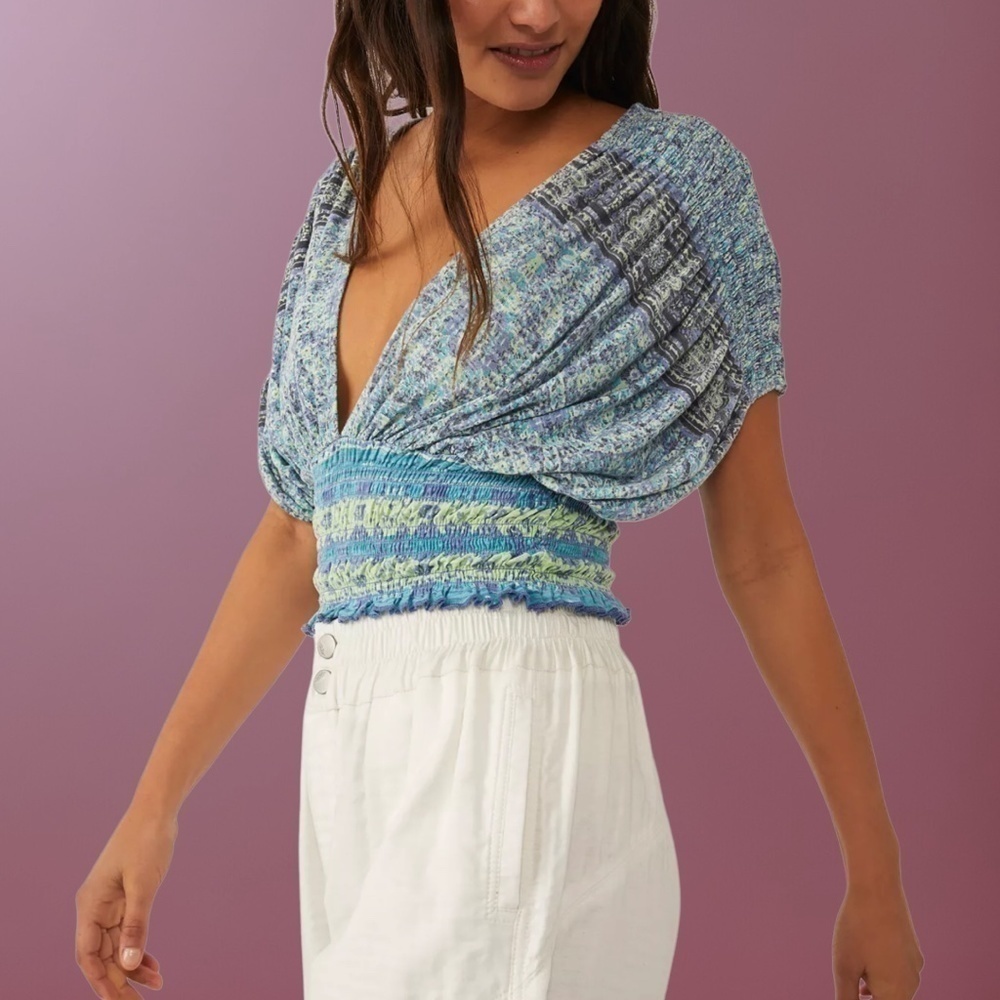 FREE PEOPLE Next Vacation Deep V-Neck Open Back Smocked Waist Top NWT/MD - Picture 2 of 14